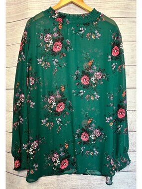 Torrid Chiffon Smocked Mock Neck Floral Blouse Top Green 5XL Plus Long Sleeved